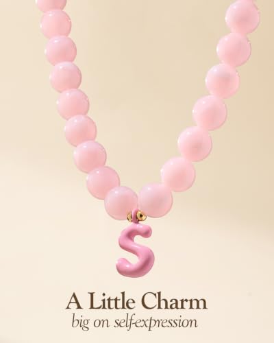 DoDoBeads Chunky Colorful Beaded Initial Necklace, Bubble Letter Choker | Gift box and dust pouch included; waterproof and sweat-resistant with real gold plated stainless steel hardware - color: Pink-S