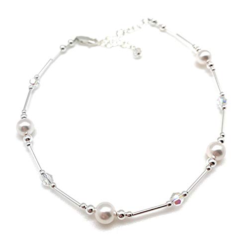 Anklet White Pearl & Iridescent Crystal Sterling Silver Beach Wedding Bridesmaid Anniversary Gift - style: Average 8 1/2" to 10"