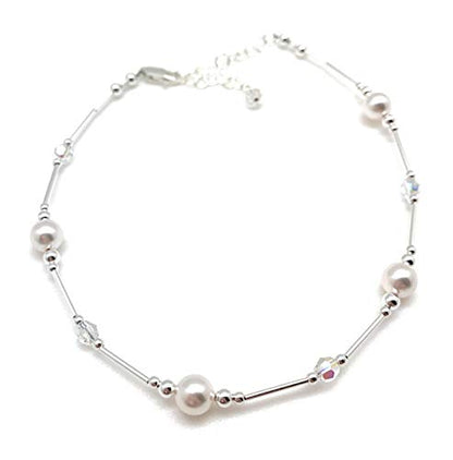 Anklet White Pearl & Iridescent Crystal Sterling Silver Beach Wedding Bridesmaid Anniversary Gift - style: Average 8 1/2" to 10"