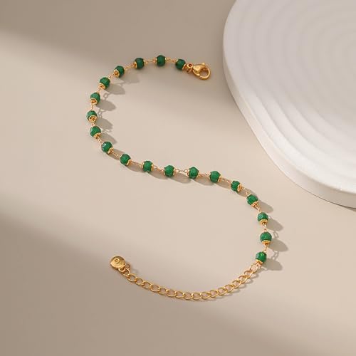 Dainty Gold Bracelets for Women, 18 Gold Plated Adjustable Evil Eye/Butterfly/Beaded/Pearl/Heart/Turquoise Handmade Bracelet for Women - style: Emerald Bead