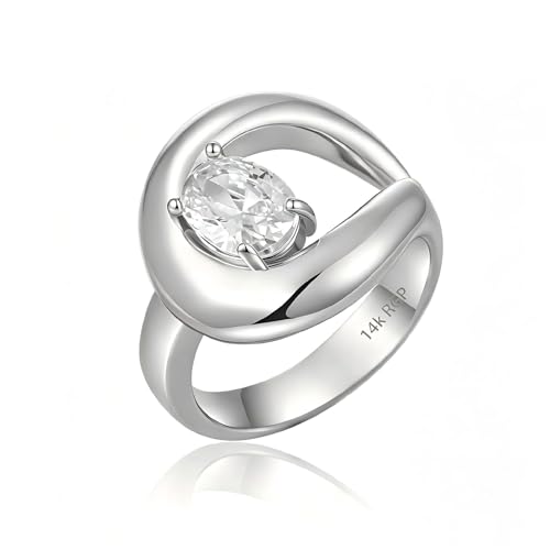 14K Gold Plated Ring for Women, Oval Cubic Zirconia Wrap Bands Ring, Chunky Dome Statement Ring Size 5 to 10 - color: Silver