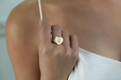 14k Gold Letter Signet Ring - Personalized Engraved Name Initial Heart Shaped Ring