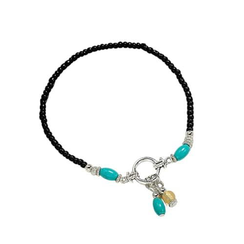 Turquoise Beaded Anklet for Women - Boho Summer Beach Foot Jewelry, Elegant Seed Bead Chain with Metal Ring & Tassels - color: Black