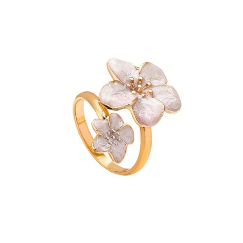 NewZenro Elegant Flower Enamel Adjustable Open Ring for Women Gold-Tone Plated Chic Cherry Blossoms Floral Statement Finger Wrap Band Rings Comfort Fit Wedding Party Prom Fashion Jewelry - color: White