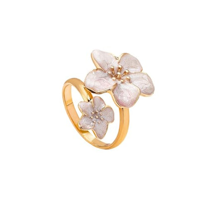 NewZenro Elegant Flower Enamel Adjustable Open Ring for Women Gold-Tone Plated Chic Cherry Blossoms Floral Statement Finger Wrap Band Rings Comfort Fit Wedding Party Prom Fashion Jewelry - color: White
