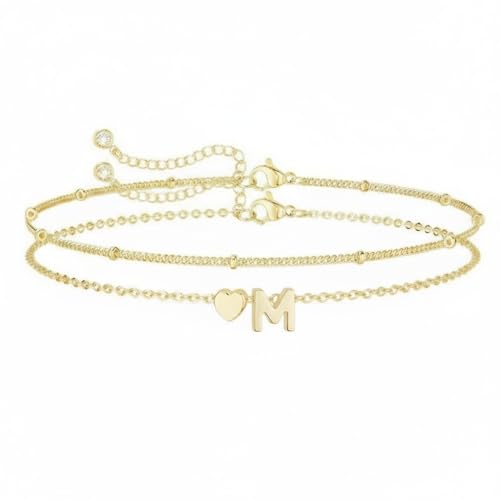 Gold Initial Bracelets for Women Trendy, Dainty Layered 14K Gold Plated Heart Letter Charm Bracelets, letter beads for name bracelets Jewelry Gifts - color: Gold-M