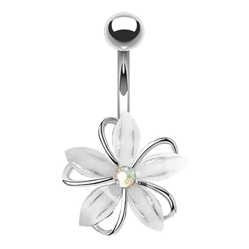 VERAMI 14G 316L Flower Belly Button Ring Surgical Steel Cute Flower Belly Button Ring Body Piercing Jewelry - color: SILVER