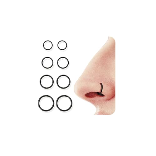 4/5/8 pcs 16G/18G/20G 316L Surgical Steel Hinged Nose Rings Hoops Lip Septum Rings Helix Conch Rook Cartilage Tragus Earrings Piercing Jewelry Black Silver Gold Plated Nose Rings Women Men - color: Black - 18G (6mm-12mm) - 8PCs