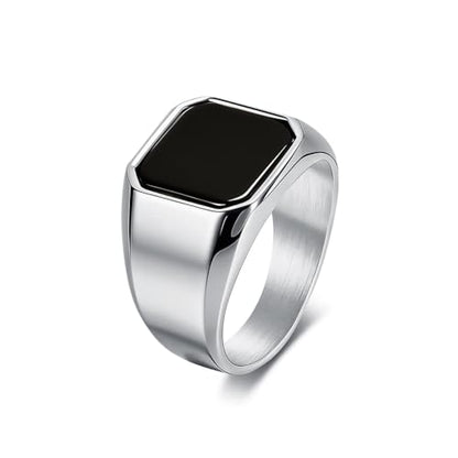 Kemstone Square Signet Ring for Men,Stainless Steel Lapis Lazuli Black Stone Flat Top Geometric Face Silver Gold - color: Silver (Black stone), size: 9#