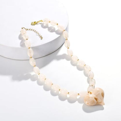 Chunky Beaded Necklaces for Women Trendy Colorful Acrylic Bead Statement Necklace Puffy Heart Pendent Necklaces for Women Boho Fashion Jewelry - color: G-beige