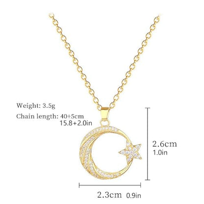 Dtja Round CZ Moon Star Pendant Necklace for Women 14K Gold Plated Stainless Steel Dainty Crystal Crescent Celestial Charms Adjustable Chain Choker Necklaces Cute Birthday Holiday Jewelry Gift 18"