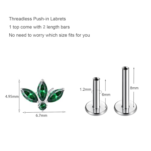 G23 Titanium Flat Back Earrings Studs 20g 18g 16g F136 Titanium Labrets Press Fit Threadless Push In Dainty Cartilage Helix Conch Lobe Lip Tragus Piercing Jewelry Push Back - style: 3 stud-green