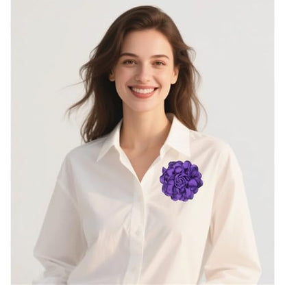 Satin Rose Flower Brooch Hair Clip for Women 4.3 Inch Floral Pin for Hats Dress Everyday Outfits Beach Vacations - color: Purple