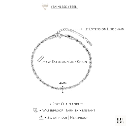 Stainless Steel Chain Ankle Bracelet for Women Adjustable Waterproof Anklet - color: Silver / 4mm Rope