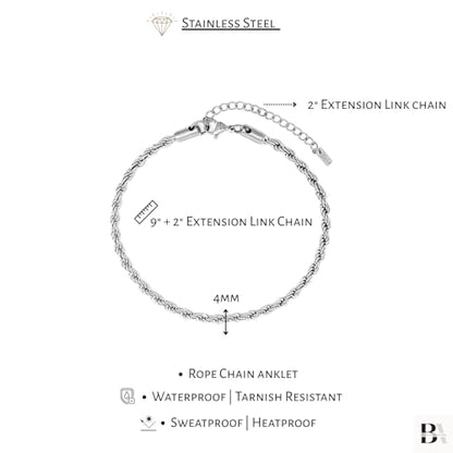 Stainless Steel Chain Ankle Bracelet for Women Adjustable Waterproof Anklet - color: Silver / 4mm Rope