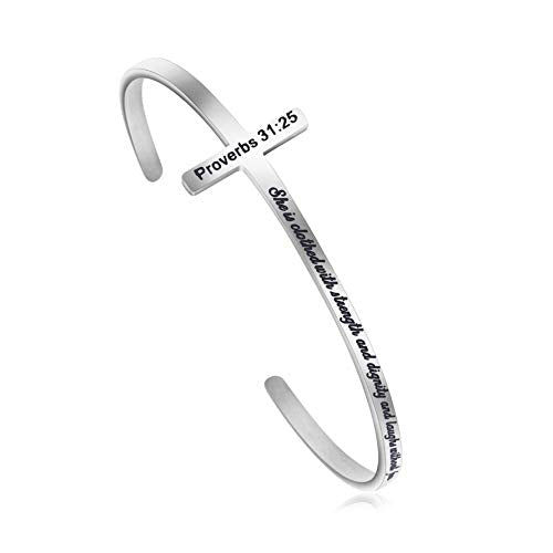 𝐂𝐫𝐨𝐬𝐬 𝐁𝐫𝐚𝐜𝐞𝐥𝐞𝐭 Religious Cuff Bangle 𝐁𝐢𝐛𝐥𝐞 𝐕𝐞𝐫𝐬𝐞 Christian Gifts Jewelry for 𝐖𝐨𝐦𝐞𝐧 - style: 0.Silver cuff-She is clothed with strength... the future -Proverbs 31:25