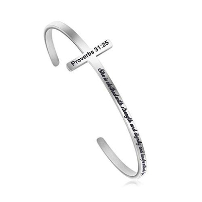 𝐂𝐫𝐨𝐬𝐬 𝐁𝐫𝐚𝐜𝐞𝐥𝐞𝐭 Religious Cuff Bangle 𝐁𝐢𝐛𝐥𝐞 𝐕𝐞𝐫𝐬𝐞 Christian Gifts Jewelry for 𝐖𝐨𝐦𝐞𝐧 - style: 0.Silver cuff-She is clothed with strength... the future -Proverbs 31:25