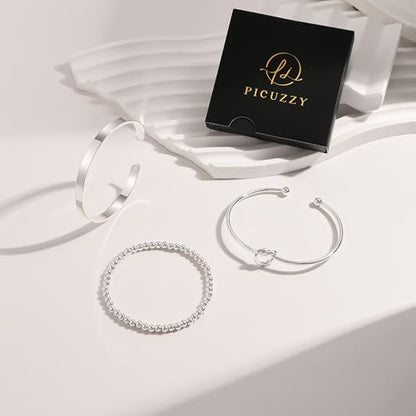 14K Gold Plated Stackable Bangle Bracelets for Women | Dainty Cuff Bracelets, Stackable for Women, Waterproof Bracelet Stack, Gold Jewelry Gifts Trendy Adjustable Accessories - color: 3-layer-C-Silver