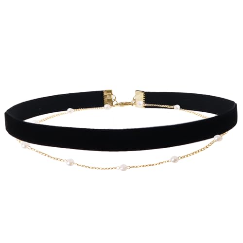 Red Velvet Choker for Women Layered Peal Pendant Choker Necklace Adjustable Gothic Tattoo Ribbon Chokers Classic Collar Necklaces for Women - color: Black