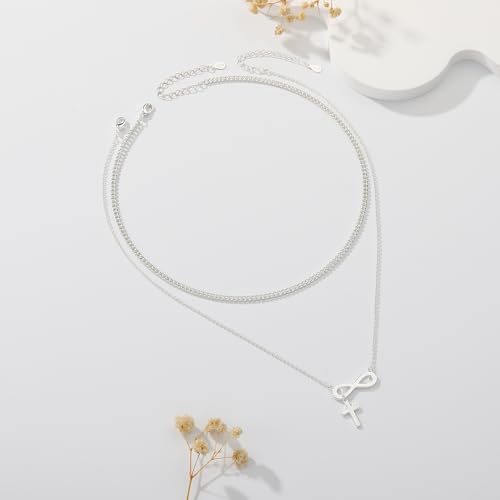 14K Gold Layered Cross Necklaces for Women,Tiny Small Sideways Cross Necklace Minimalist Christian Jewelry Gifts First Communion Confirmation Easter Stuff,2Pcs - color: infinity cross,silver