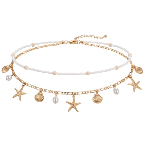 Women Layer Beaded Belly Chain Gold Plated Ocean Charm Waist Chain with Pearl Starfish Seashell Pendant, Adjustable Boho Bikini Body Jewelry for Summer Beach Pool Party Vacation