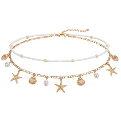 Women Layer Beaded Belly Chain Gold Plated Ocean Charm Waist Chain with Pearl Starfish Seashell Pendant, Adjustable Boho Bikini Body Jewelry for Summer Beach Pool Party Vacation