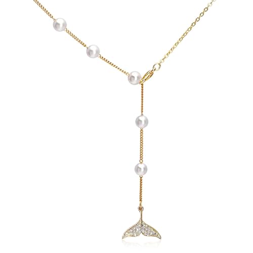 Boho Pearl Y Lariat Necklace for Women,Cz Fishtail Drop,Crystal Mermaid Tail, Y Drop Chain Jewelry for Girls