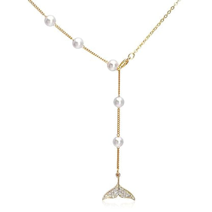 Boho Pearl Y Lariat Necklace for Women,Cz Fishtail Drop,Crystal Mermaid Tail, Y Drop Chain Jewelry for Girls