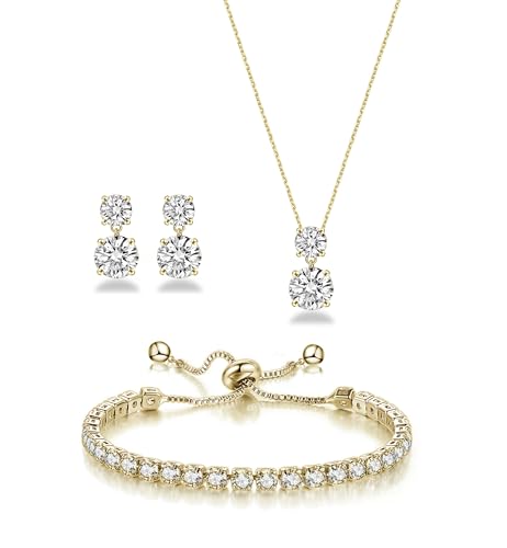 3-Piece Cubic Zirconia Wedding Jewelry Set for Women Bride Bridesmaid Gift | Hypoallergenic, Earrings Necklace Adjustable Bracelet for Prom Formal Parties - color: 14K Gold