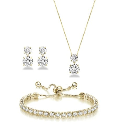 3-Piece Cubic Zirconia Wedding Jewelry Set for Women Bride Bridesmaid Gift | Hypoallergenic, Earrings Necklace Adjustable Bracelet for Prom Formal Parties - color: 14K Gold