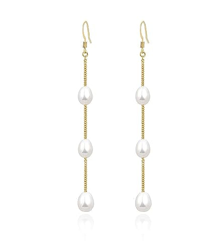 Long Pearl Earrings for Women 925 Sterling Silver Dangle Earrings | Hypoallergenic Dainty Dangle Drop Earrings, Elegant Pearl Jewelry for Bridal, Mother's Day Anniversary Birthday Jewelry Gift - color: Gold Pearl Dangle