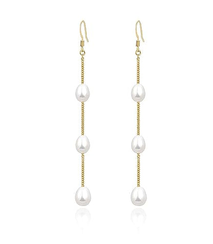 Long Pearl Earrings for Women 925 Sterling Silver Dangle Earrings | Hypoallergenic Dainty Dangle Drop Earrings, Elegant Pearl Jewelry for Bridal, Mother's Day Anniversary Birthday Jewelry Gift - color: Gold Pearl Dangle
