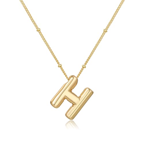 Gold Bubble Initial Necklace for Women Balloon Letter Necklace 18K Gold Plated Dainty Alphabet Pendant Puffy Name Personal Necklace - color: H