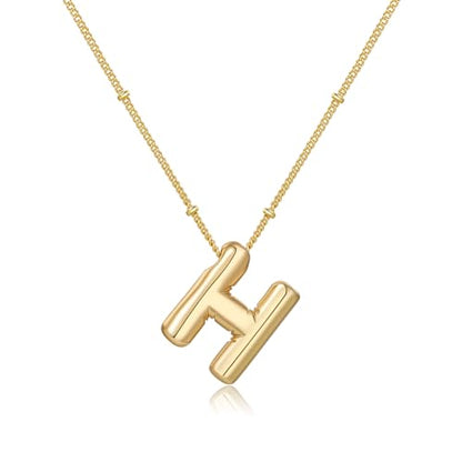 Gold Bubble Initial Necklace for Women Balloon Letter Necklace 18K Gold Plated Dainty Alphabet Pendant Puffy Name Personal Necklace - color: H