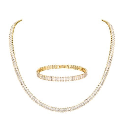 HZMAN Crystal Necklace Bracelet Jewelry Set for Women Dainty Rhinestone Choker Necklace Tennis Bracelet Cubic Zirconia Bridal Wedding Jewelry - color: Gold