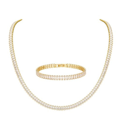 HZMAN Crystal Necklace Bracelet Jewelry Set for Women Dainty Rhinestone Choker Necklace Tennis Bracelet Cubic Zirconia Bridal Wedding Jewelry - color: Gold