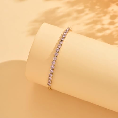 18K Gold Plated Tennis Bracelets for Women, Adjustable Cubic Zirconia Bracelet with Multi-color 4mm CZ Diamond Paperclip Chain, Dainty Trendy Birthday Bridal Jewelry Gifts for Women Daily Party Wear - color: Pink