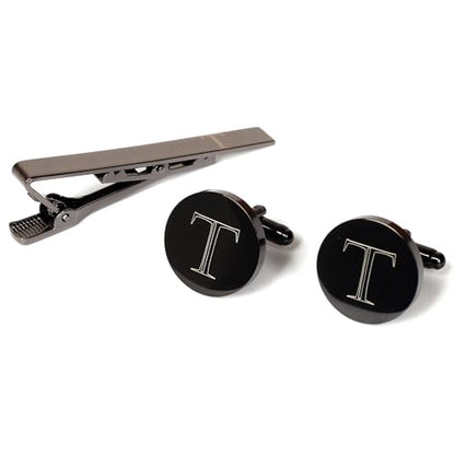 Mens Initial Cufflinks and Tie Clip A-Z Alphabet Letter Black Stainless Cuff Links Tie Bar with Engraved Walnut Wood Box Groom Groomsman Wedding Set - style: Classic-T