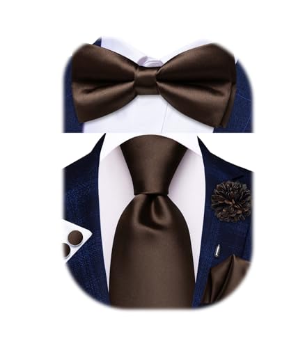 Hi-Tie 5Pcs Mens Solid Color Silk Tie Satin Pretied Bowtie Lapel Pin for Men Handkerchief Cufflink Wedding Gift Box - color: Dark Brown