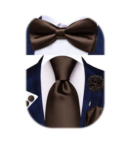 Hi-Tie 5Pcs Mens Solid Color Silk Tie Satin Pretied Bowtie Lapel Pin for Men Handkerchief Cufflink Wedding Gift Box - color: Dark Brown