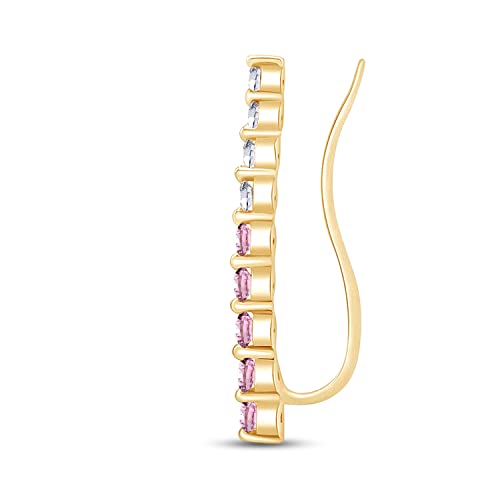 Floating Curved Bar One Piece Left Ear Crawler Earrings With Birthstone | White CZ In 14K Yellow Gold Over Sterling Silver - color: Simulated Tourmaline