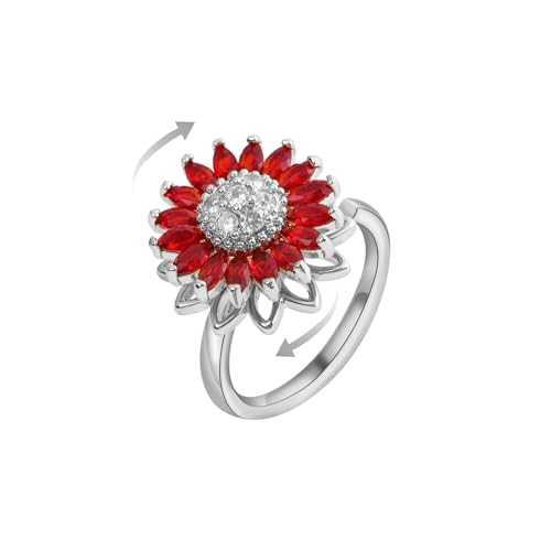 Sunflower Fidget Ring for Women Gold Anxiety Crystal Rings Cubic Zirconia Sunflower Open Adjustable Fidget Ring Spinner Sun Ring for Men Trendy Jewelry - color: SilverRed