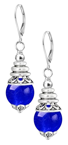 Natural 10mm Stone Beads Drop Earrings,Retro Silver Round Quartz Crystal Gemstone Beads Dangle Earrings for Women - color: A19_Blue Spinel