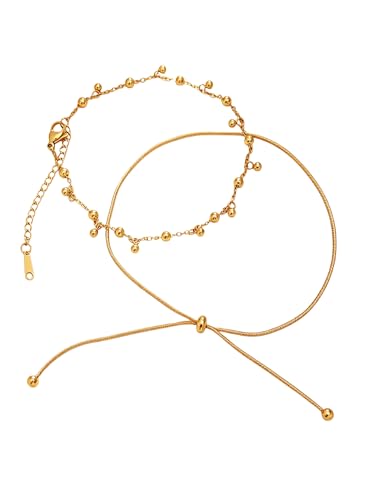 Waterproof Gold Plated Layered Anklets for Women Daisy/Herringbone/Heart Charm/Bead Chain Non Tarnish Stainless Steel Summer Foot Jewelry Gift for Her, with Gift Box - color: 5. multi beads