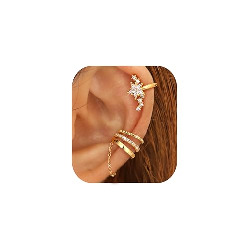 Florideco 4 PCS Ear Cuffs Non Piercing Hypoallergenic 14K Gold Plated Ear Cuff Earrings for Women Trendy CZ Clip On Cartilage Earring Set Dainty Adjustable Fake Piercings Earrings - color: Northstar: 14K Gold Plated