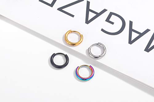 Black Hoop Earrings for Men 8mm 10mm 12mm – Surgical Stainless Steel Hypoallergenic Mens Small to Medium Hoop Earrings Set (3 Pairs) - style: A:4pairs,8mm,black+steel+rainbow+gold