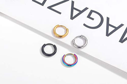 Black Hoop Earrings for Men 8mm 10mm 12mm – Surgical Stainless Steel Hypoallergenic Mens Small to Medium Hoop Earrings Set (3 Pairs) - style: A:4pairs,8mm,black+steel+rainbow+gold