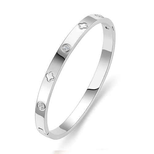 PDWZNBA 18K Gold-Plated Love Friendship Bracelets Trendy Stainless Steel Bangle Jewelry Gifts for Women - style: Clover-Silver