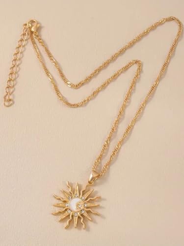Gold Sun Pendant Necklace with Rhinestone Accent, Elegant and Fashionable, Perfect for Daily Wear & Special Occasions - color: Gold/Water Wave Chain