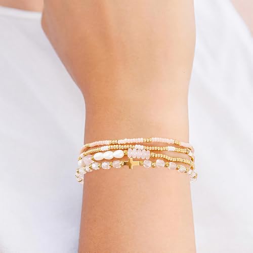 Gold Beaded Bracelets Stack for Women Stackable 14K Gold Plated Beads Ball Cross Bracelet Boho Christian Jewelry Faith Friendship Birthday Gifts for Women - color: Pink Crystal